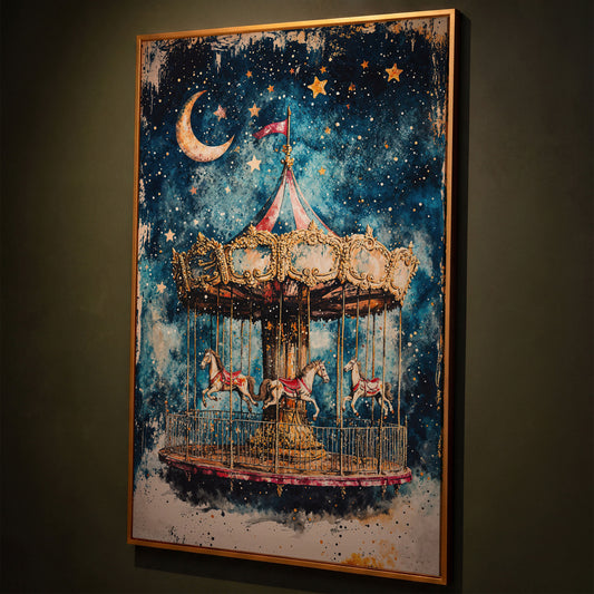 Vintage Carousel with Horse Canvas shown in antique gold floating frame