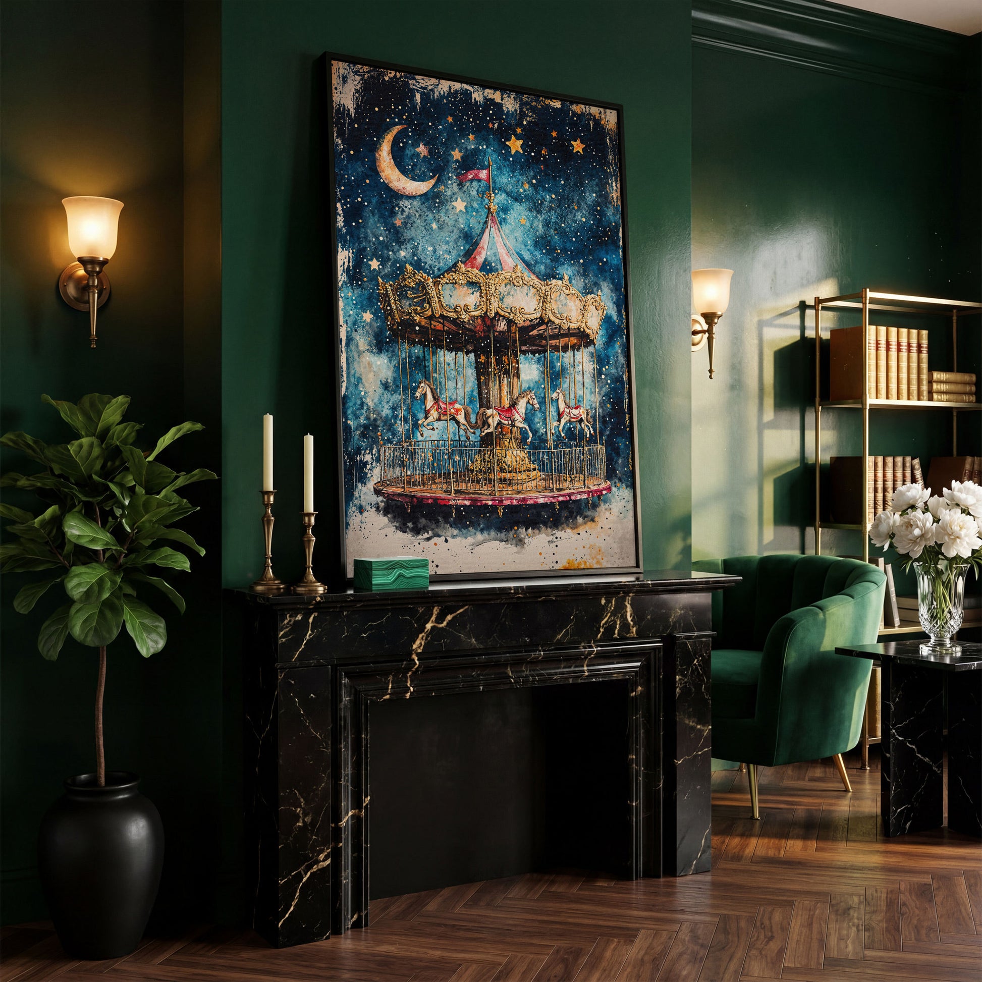 Vintage Carousel with Horse Canvas in black floating frame
