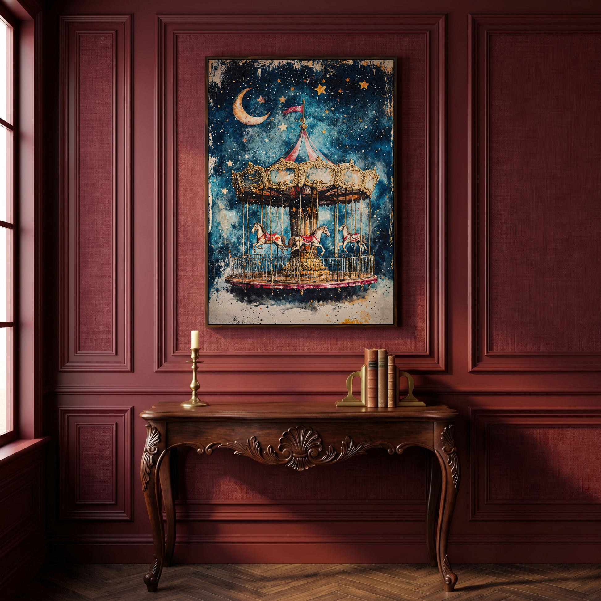 Vintage Carousel with Horse Canvas in dark walnut floating frame