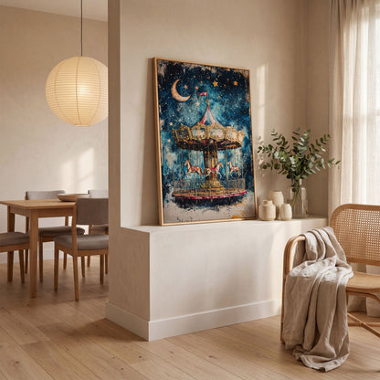 Vintage Carousel with Horse Canvas in white oak floating frame