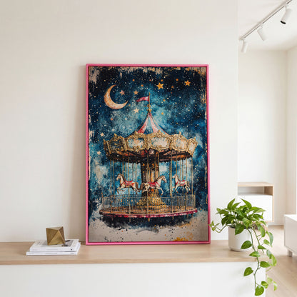 Vintage Carousel with Horse Canvas in pink floating frame