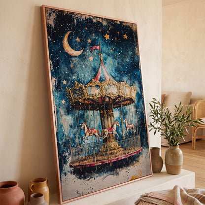 Vintage Carousel with Horse Canvas in rose gold floating frame