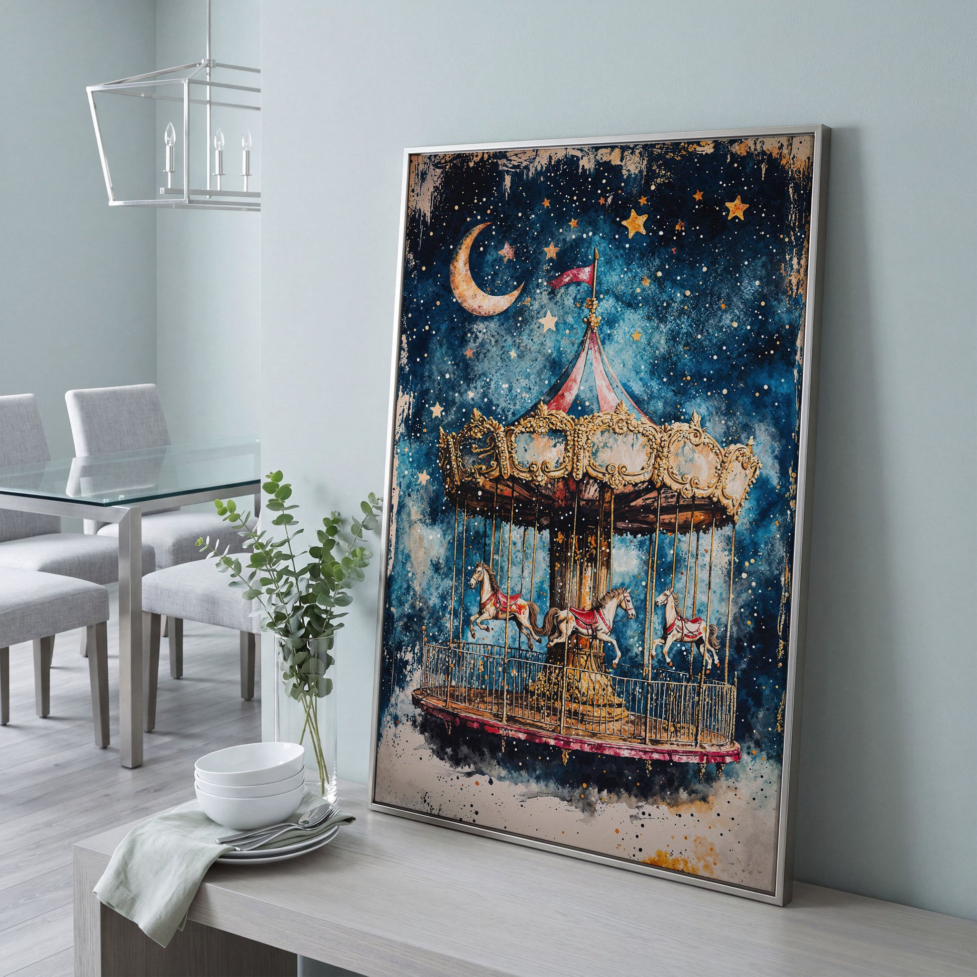 Vintage Carousel with Horse Canvas in silver floating frame