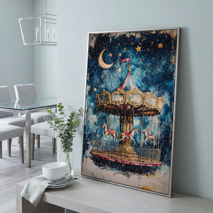 Vintage Carousel with Horse Canvas in silver floating frame