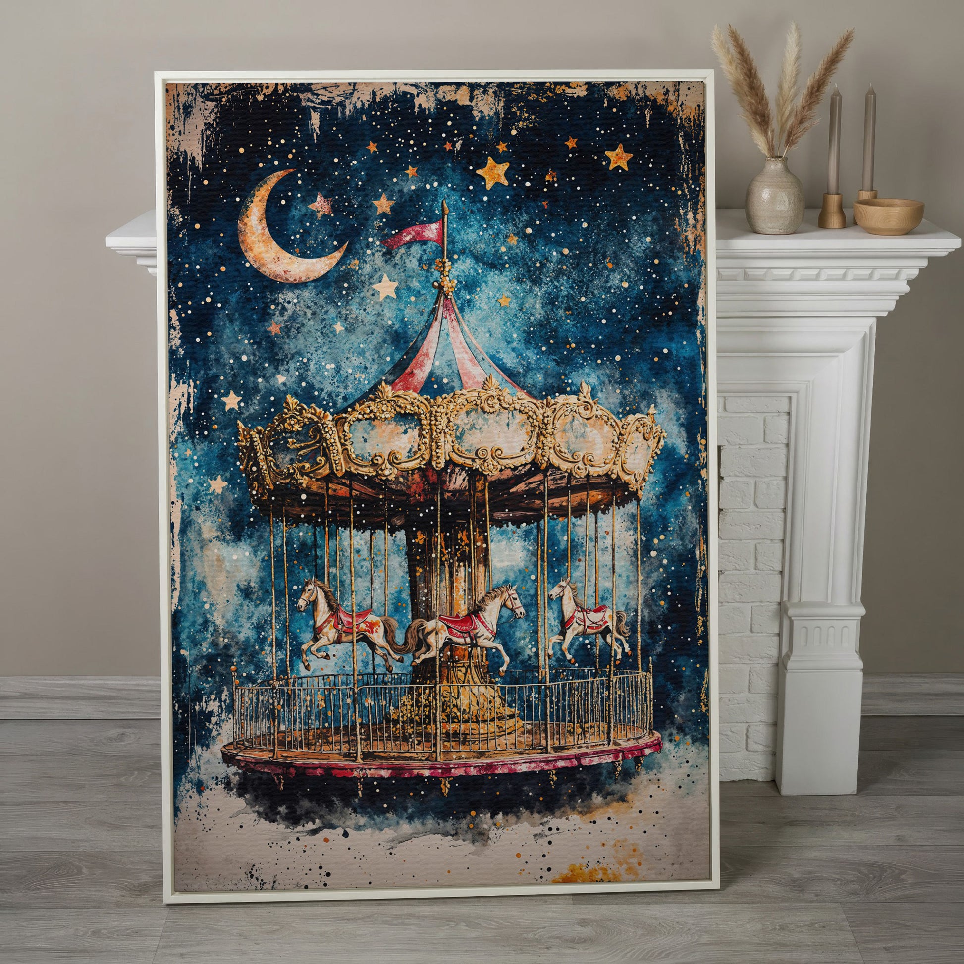 Vintage Carousel with Horse Canvas in white floating frame