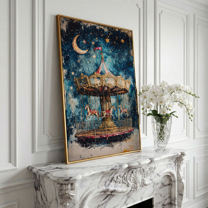 Vintage Carousel with Horse Canvas in yellow gold floating frame