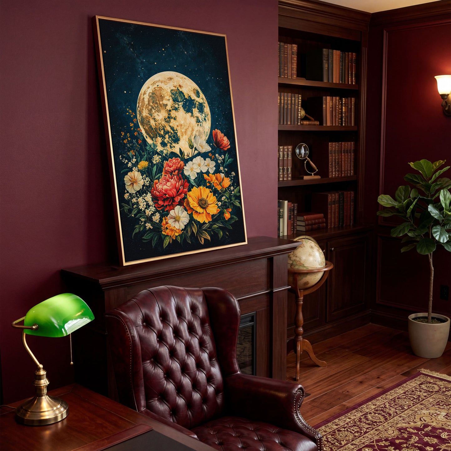 Full Moon Rising Over a Floral Bouquet Canvas Wall Art in antique gold floating frame