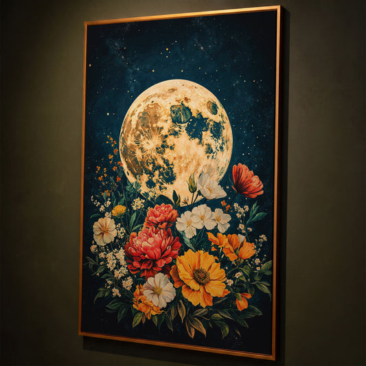 Full Moon Rising Over a Floral Bouquet Canvas Wall Art shown in antique gold floating frame