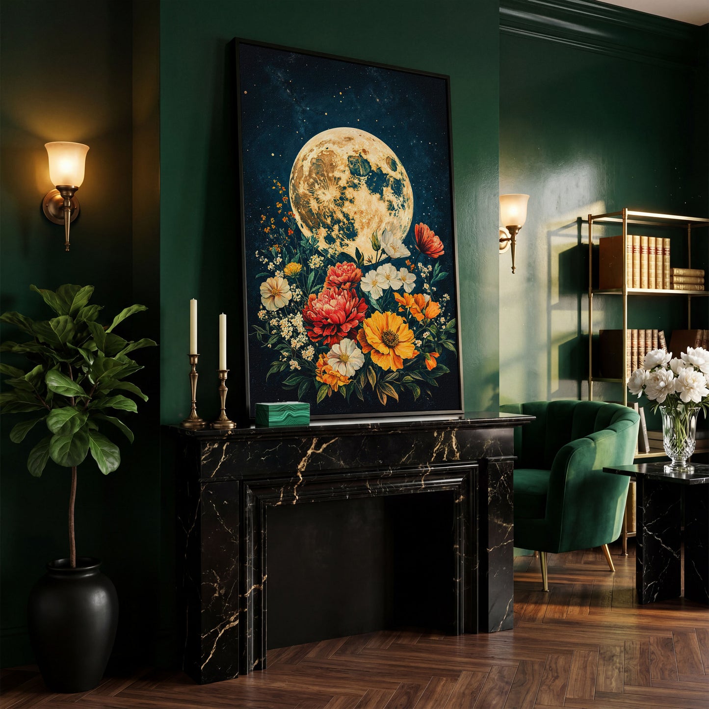 Full Moon Rising Over a Floral Bouquet Canvas Wall Art in black floating frame