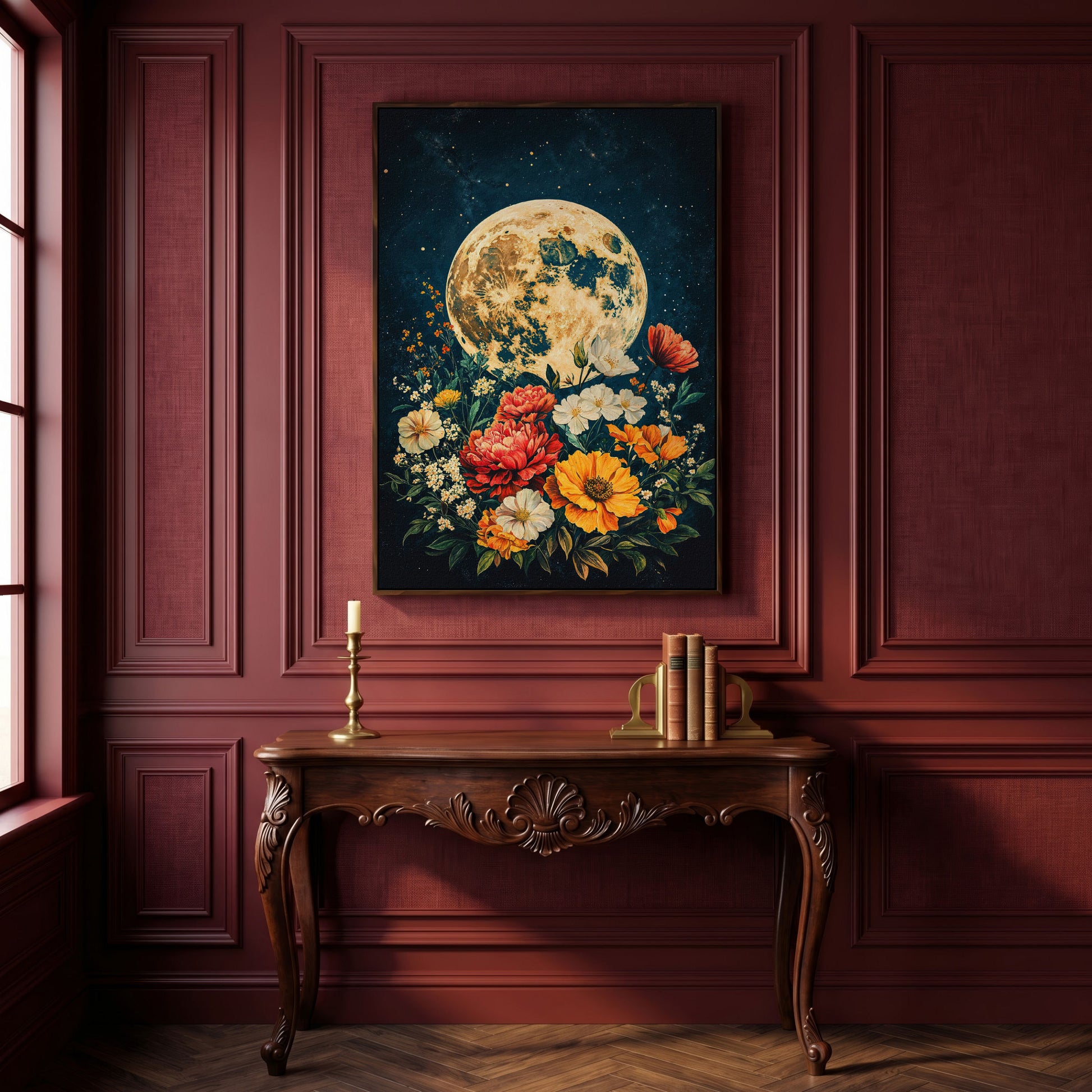 Full Moon Rising Over a Floral Bouquet Canvas Wall Art in dark walnut floating frame