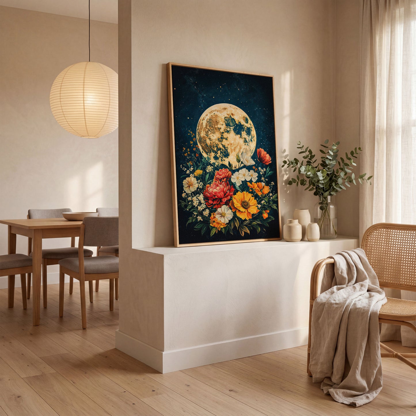 Full Moon Rising Over a Floral Bouquet Canvas Wall Art in white oak floating frame