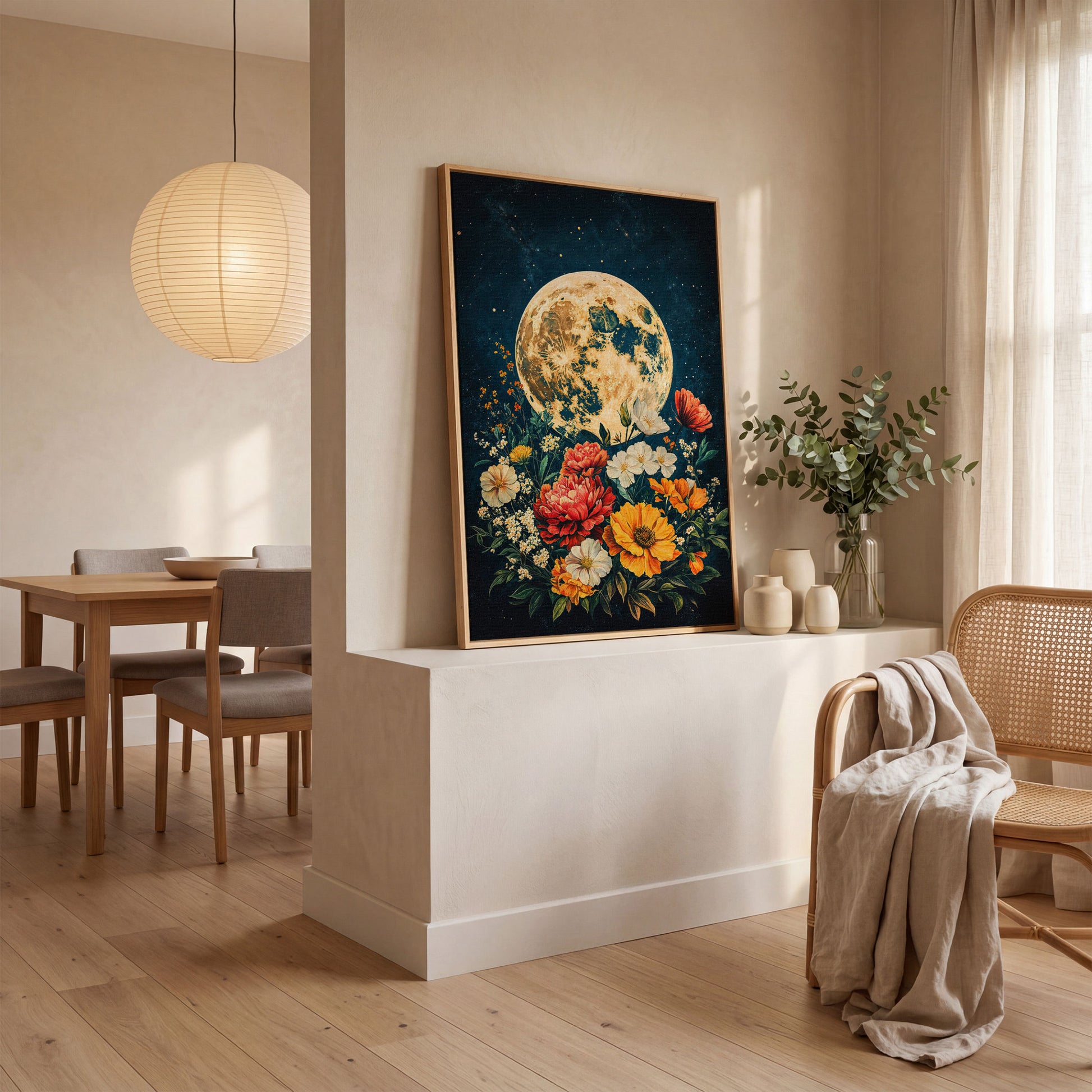 Full Moon Rising Over a Floral Bouquet Canvas Wall Art in white oak floating frame