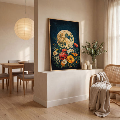 Full Moon Rising Over a Floral Bouquet Canvas Wall Art in white oak floating frame
