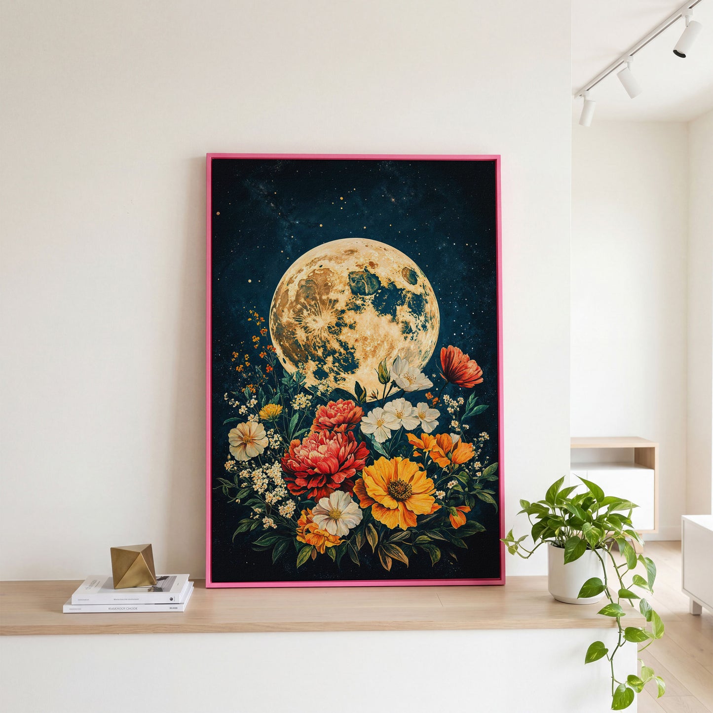 Full Moon Rising Over a Floral Bouquet Canvas Wall Art in pink floating frame