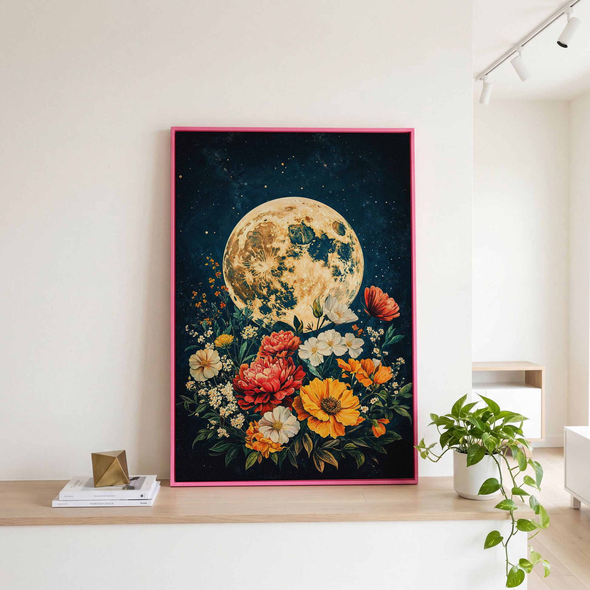 Full Moon Rising Over a Floral Bouquet Canvas Wall Art in pink floating frame