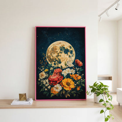 Full Moon Rising Over a Floral Bouquet Canvas Wall Art in pink floating frame