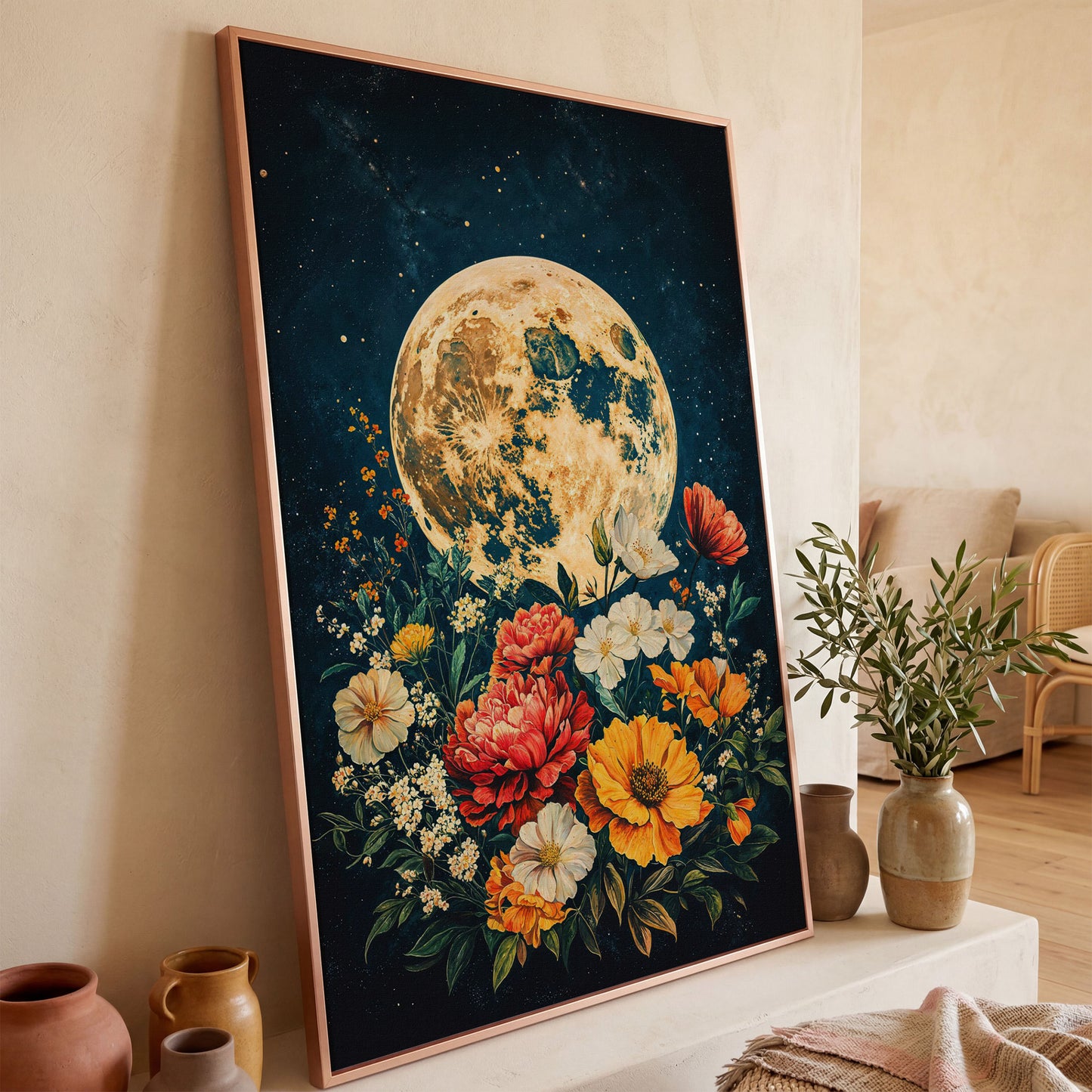 Full Moon Rising Over a Floral Bouquet Canvas Wall Art in rose gold floating frame