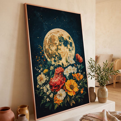 Full Moon Rising Over a Floral Bouquet Canvas Wall Art in rose gold floating frame