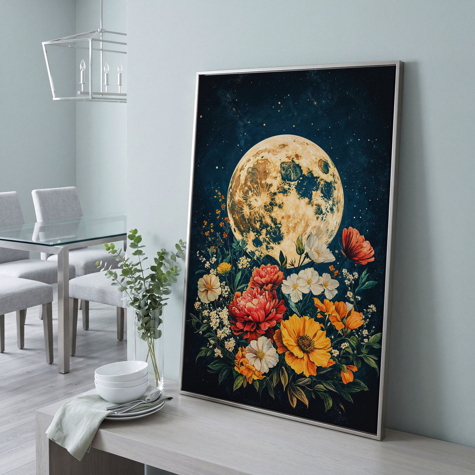 Full Moon Rising Over a Floral Bouquet Canvas Wall Art in silver floating frame