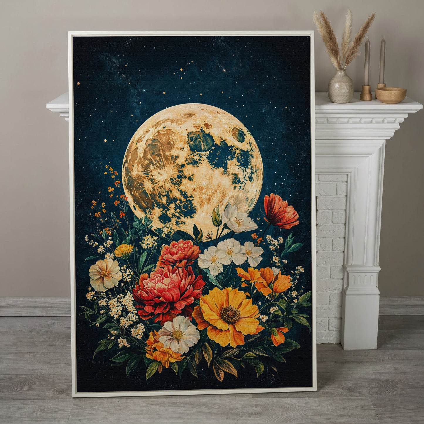 Full Moon Rising Over a Floral Bouquet Canvas Wall Art in white floating frame