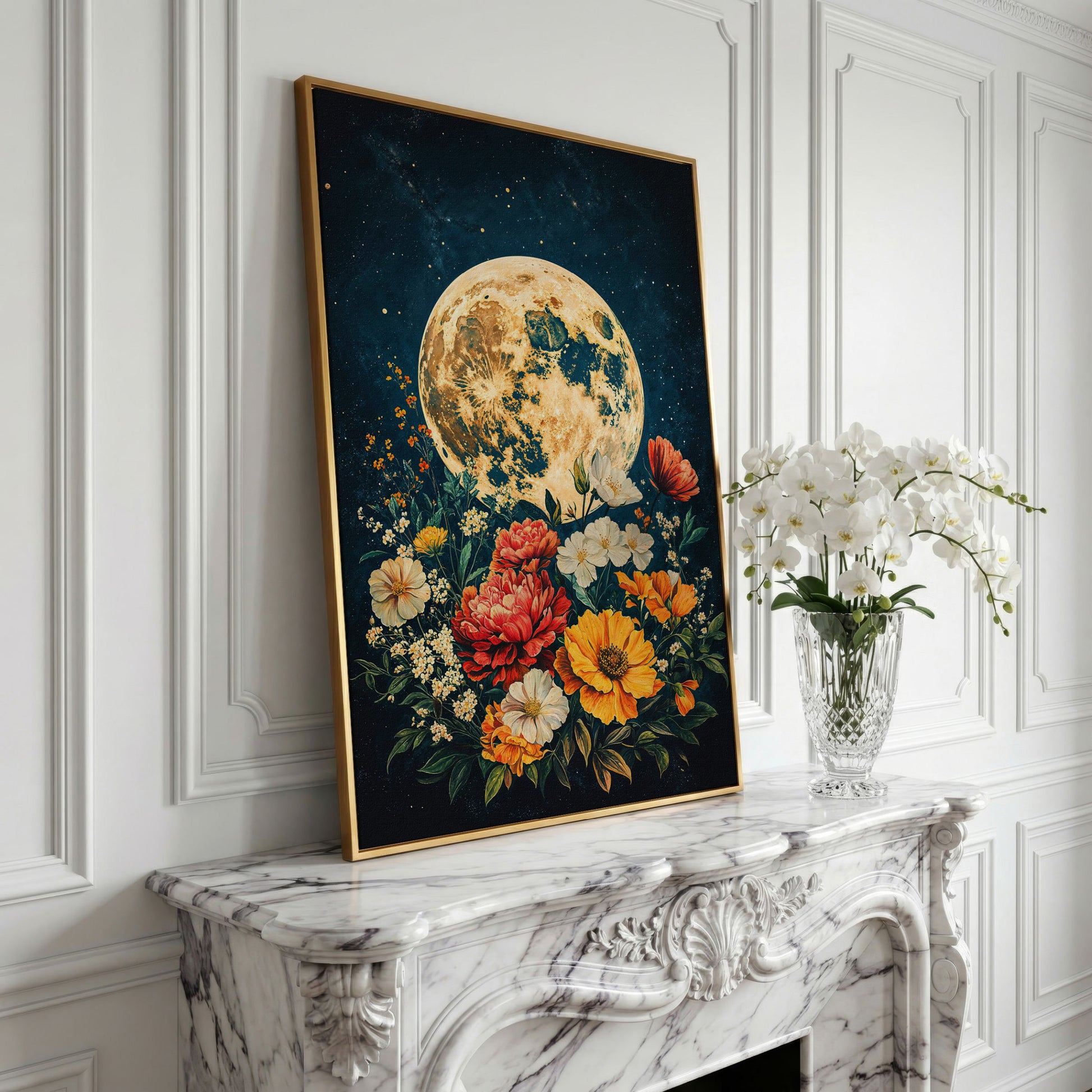 Full Moon Rising Over a Floral Bouquet Canvas Wall Art in yellow gold floating frame