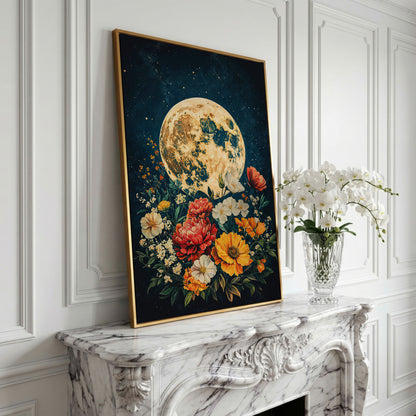 Full Moon Rising Over a Floral Bouquet Canvas Wall Art in yellow gold floating frame