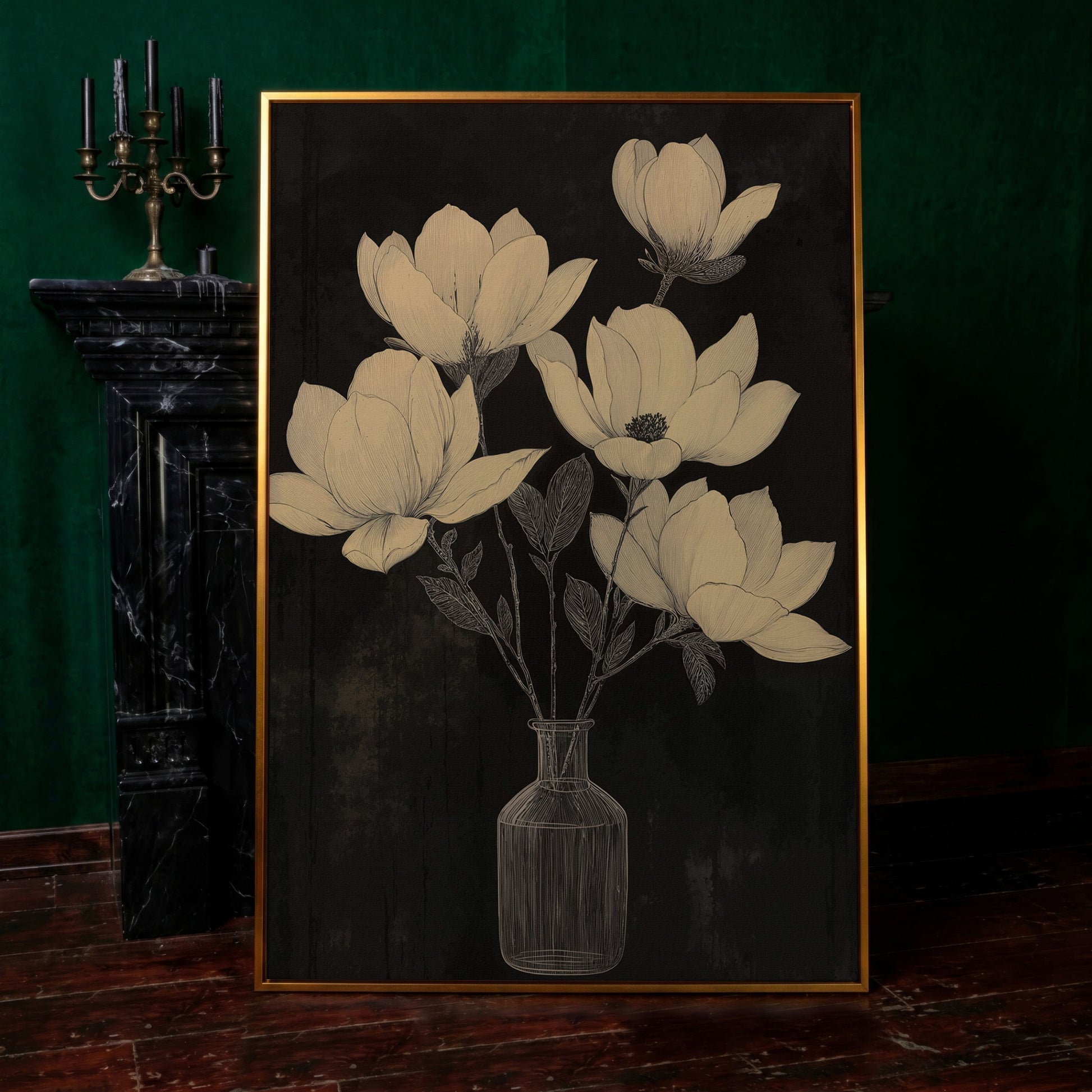 Black and White Magnolia in Vase Canvas in antique gold floating frame