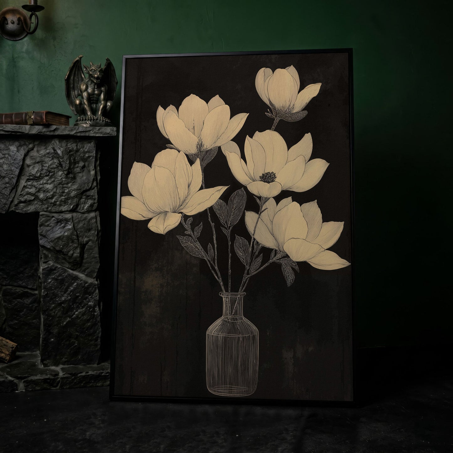 Black and White Magnolia in Vase Canvas in black floating frame