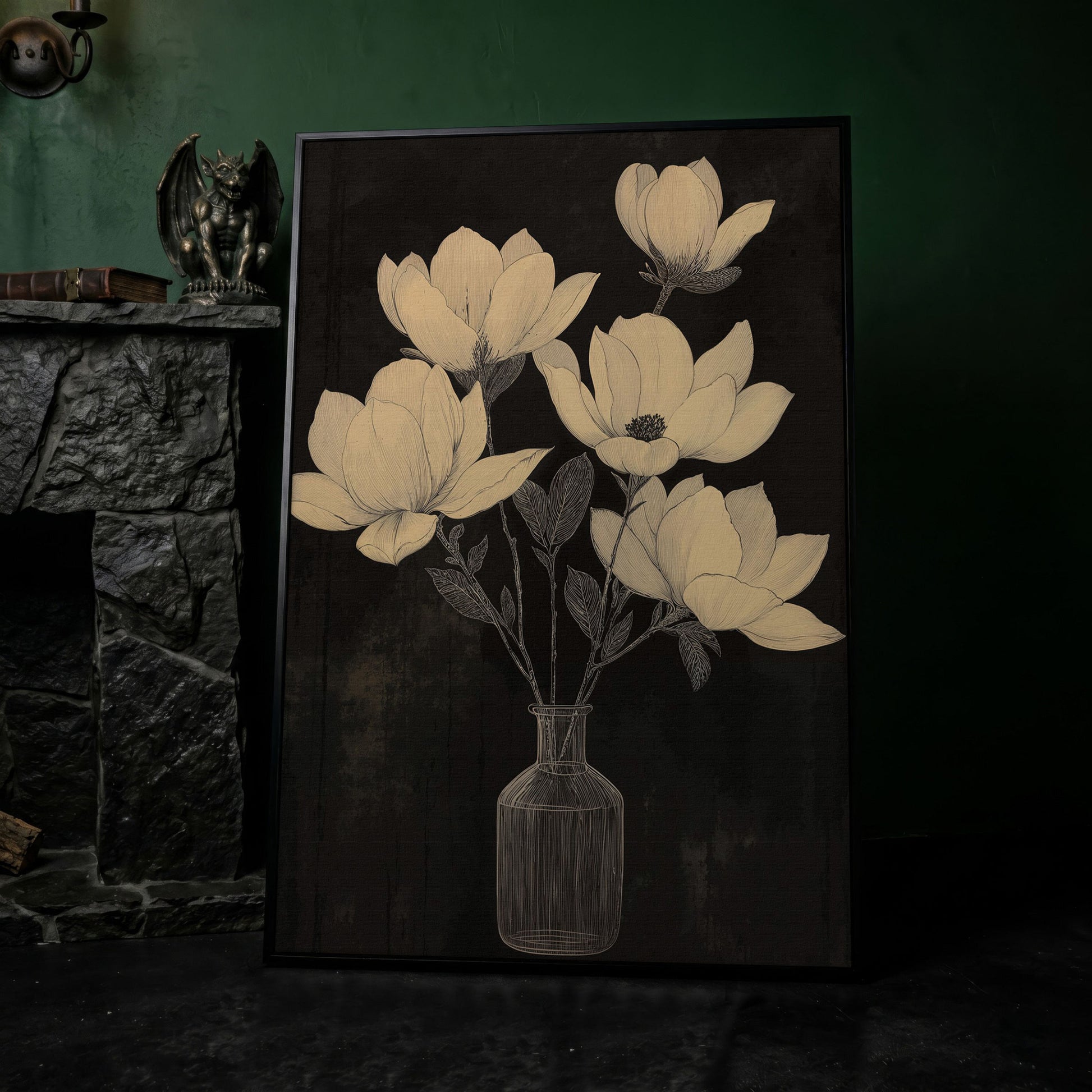 Black and White Magnolia in Vase Canvas in black floating frame