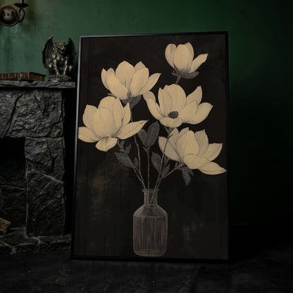 Black and White Magnolia in Vase Canvas in black floating frame