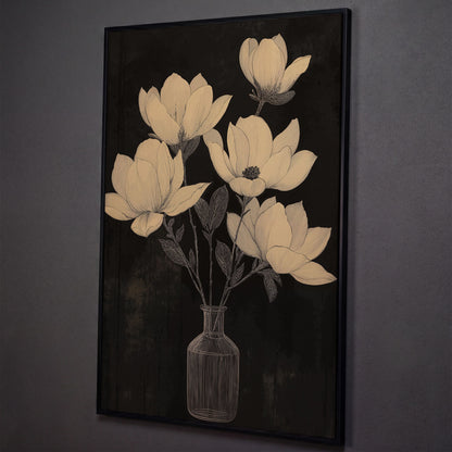Black and White Magnolia in Vase Canvas shown in black floating frame