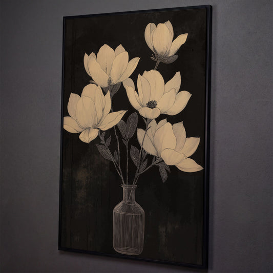 Black and White Magnolia in Vase Canvas shown in black floating frame