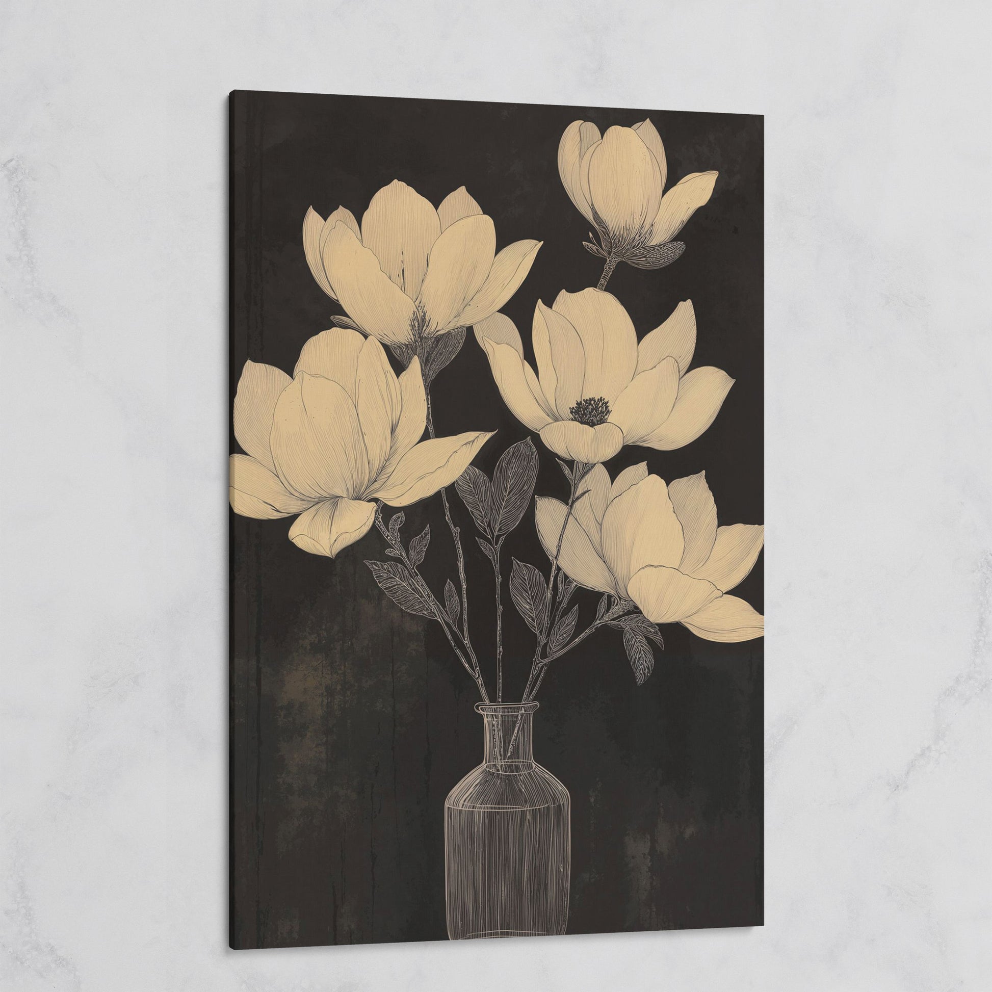 Black and White Magnolia in Vase Canvas on gallery wrap