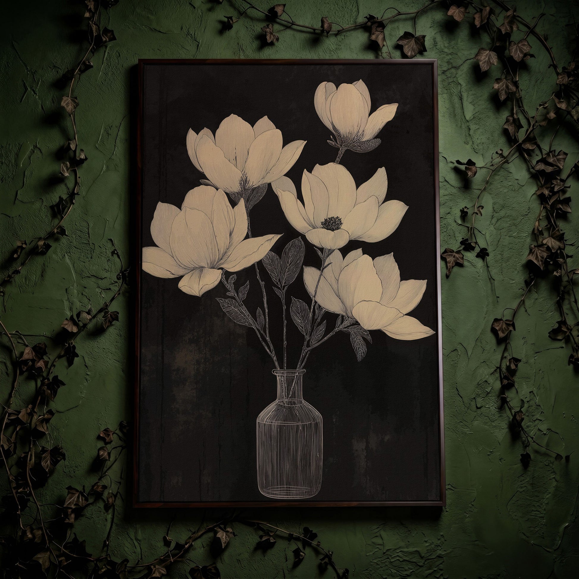 Black and White Magnolia in Vase Canvas in dark walnut floating frame