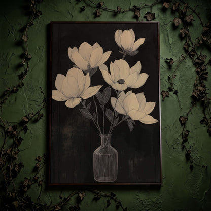 Black and White Magnolia in Vase Canvas in dark walnut floating frame