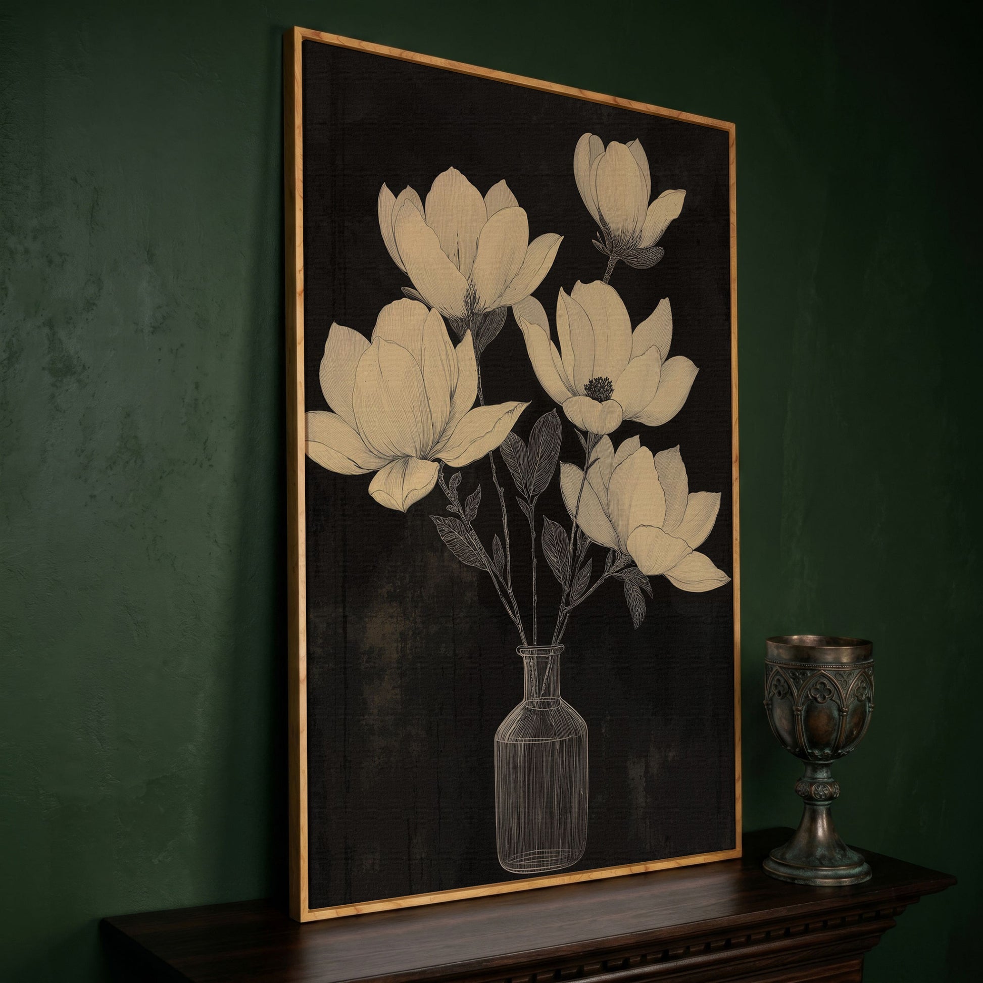 Black and White Magnolia in Vase Canvas in white oak floating frame