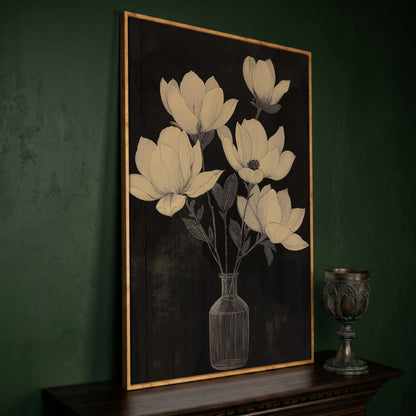 Black and White Magnolia in Vase Canvas in white oak floating frame