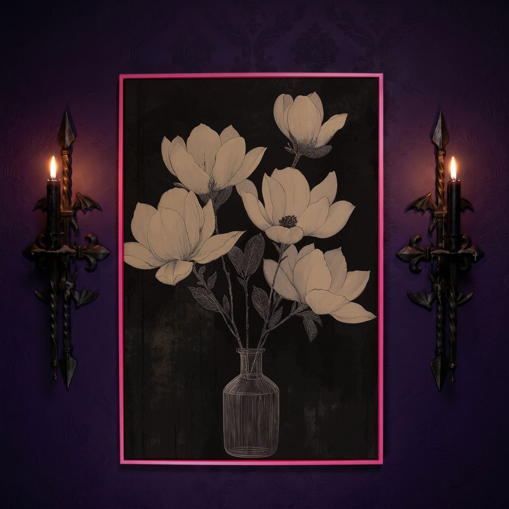 Black and White Magnolia in Vase Canvas in pink floating frame