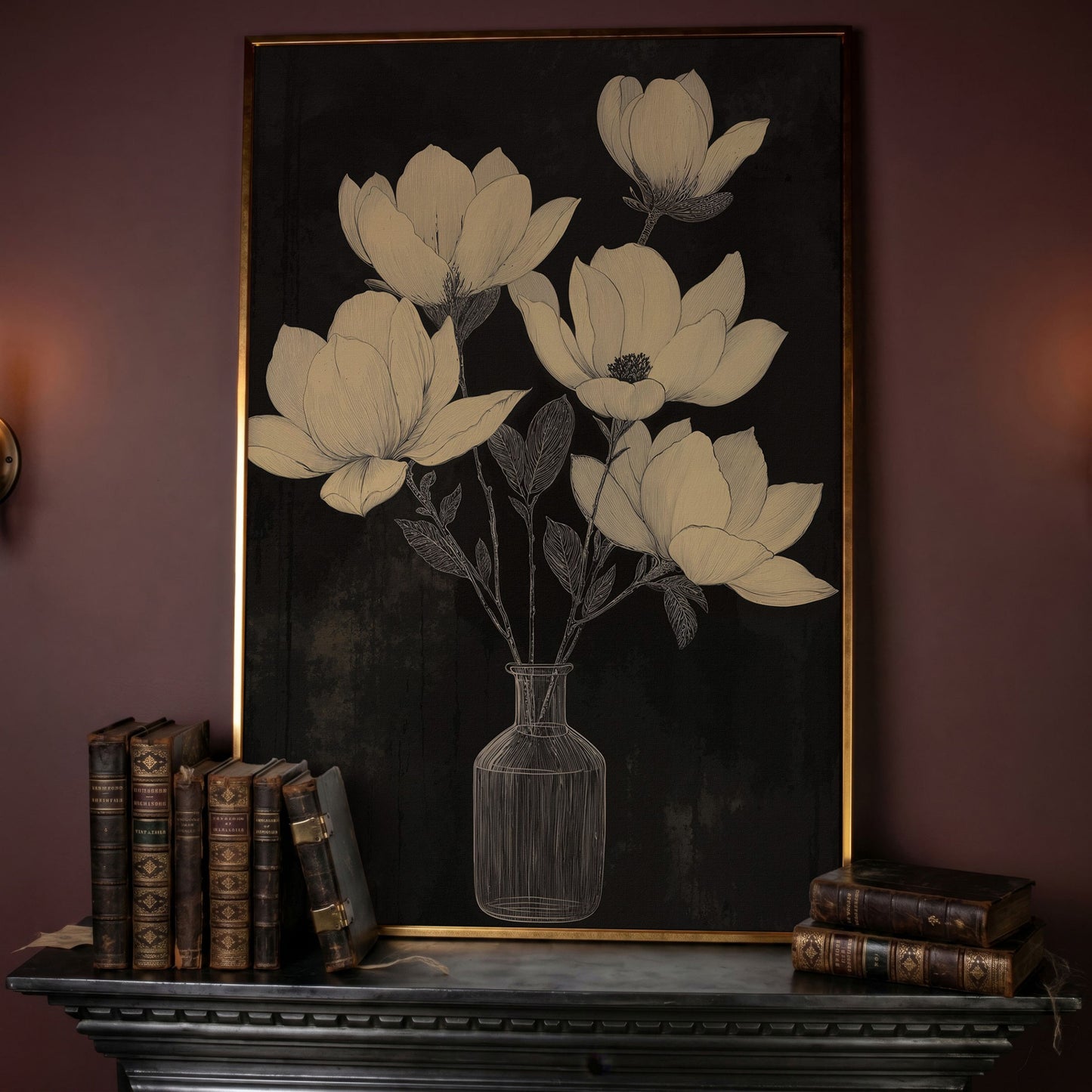 Black and White Magnolia in Vase Canvas in rose gold floating frame