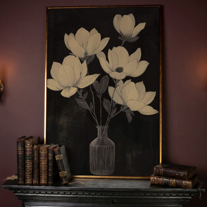 Black and White Magnolia in Vase Canvas in rose gold floating frame
