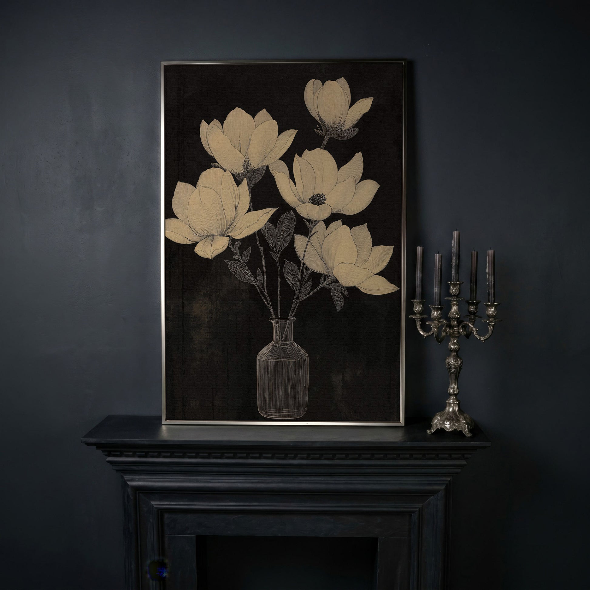 Black and White Magnolia in Vase Canvas in silver floating frame