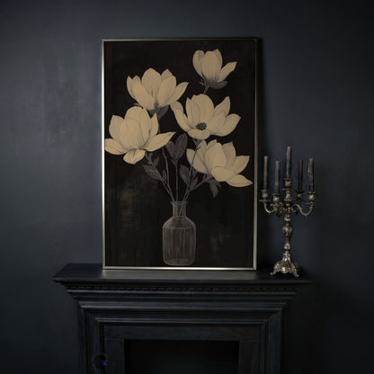 Black and White Magnolia in Vase Canvas in silver floating frame