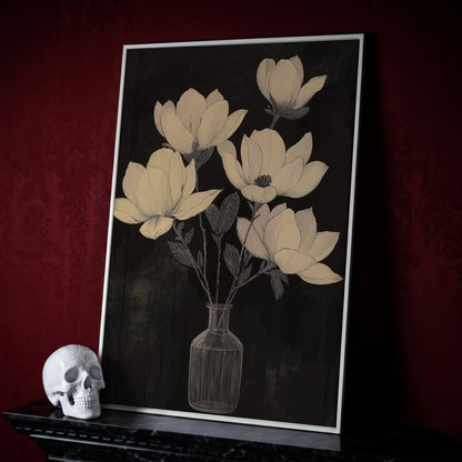Black and White Magnolia in Vase Canvas in white floating frame