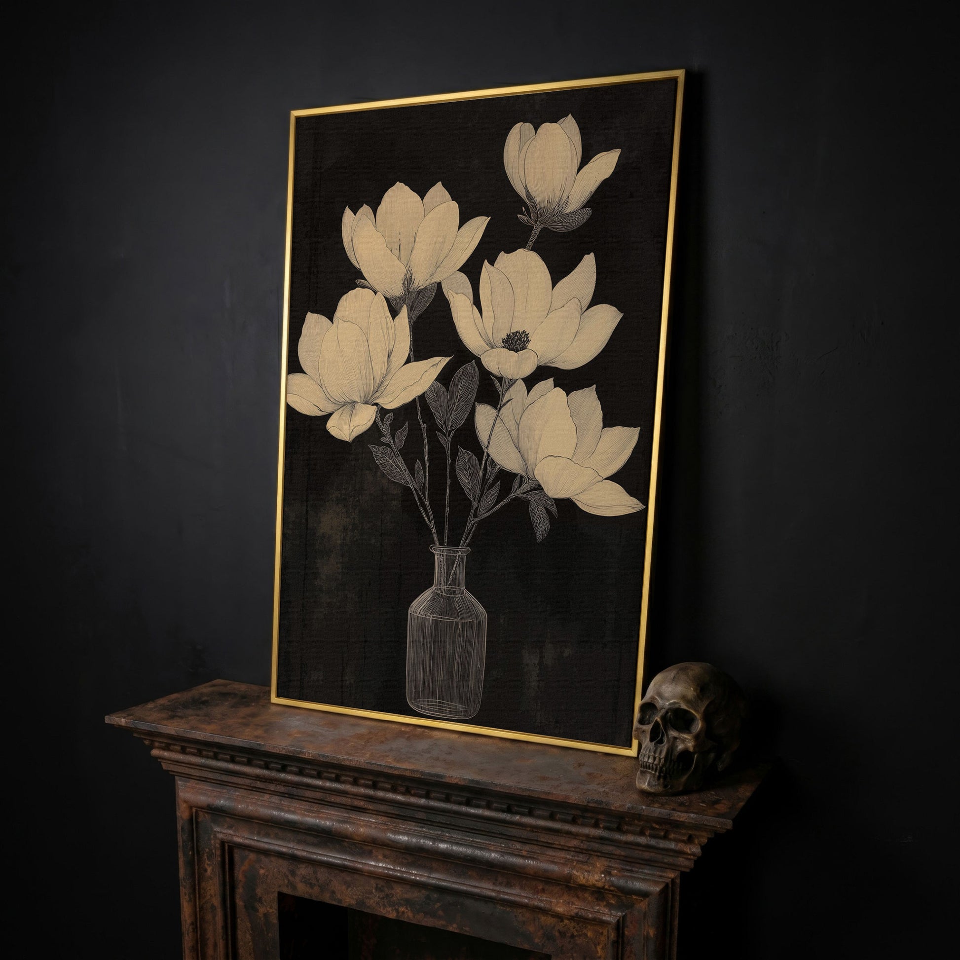 Black and White Magnolia in Vase Canvas in yellow gold floating frame