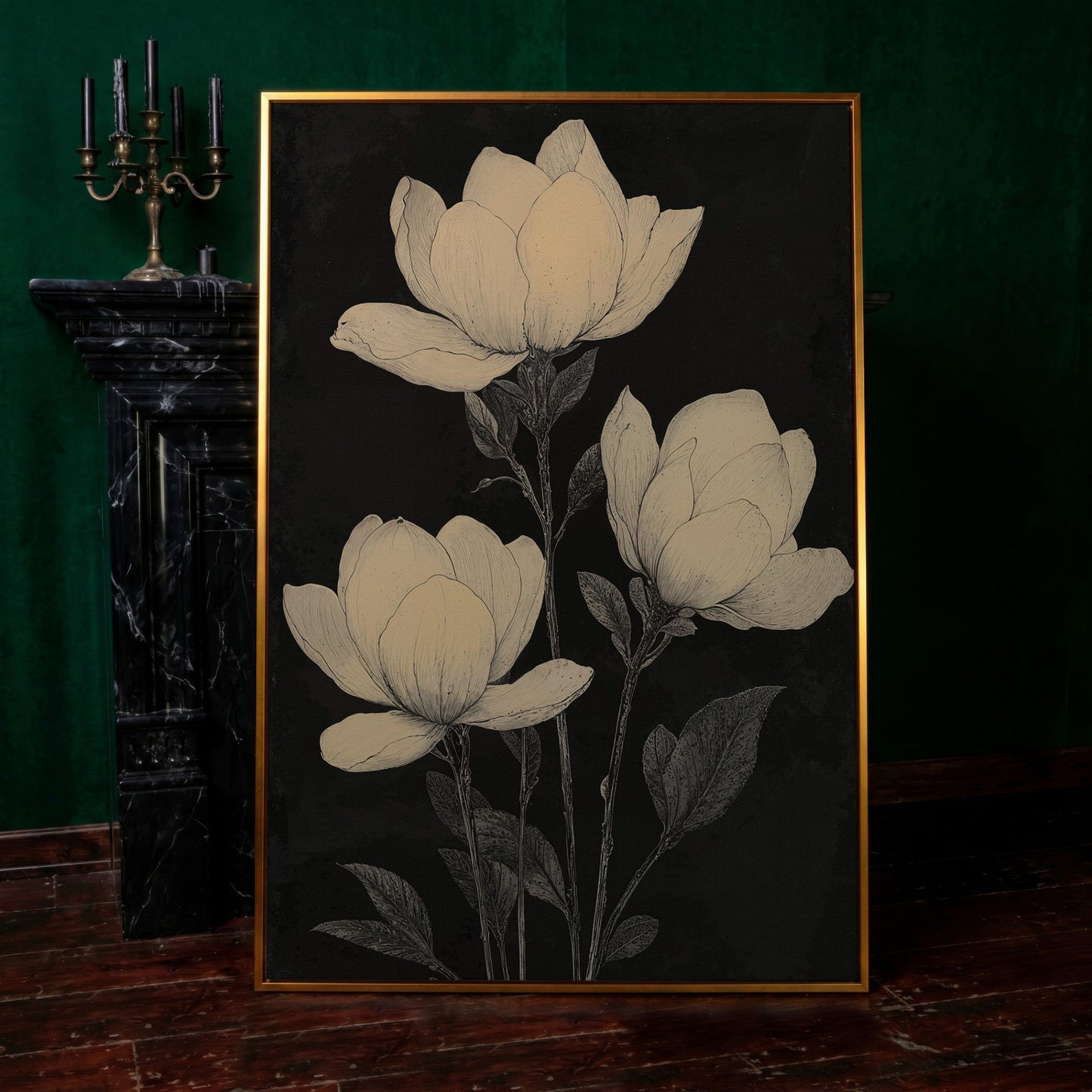 Magnolia Flowers Canvas Print, Botanical Black and White in antique gold floating frame