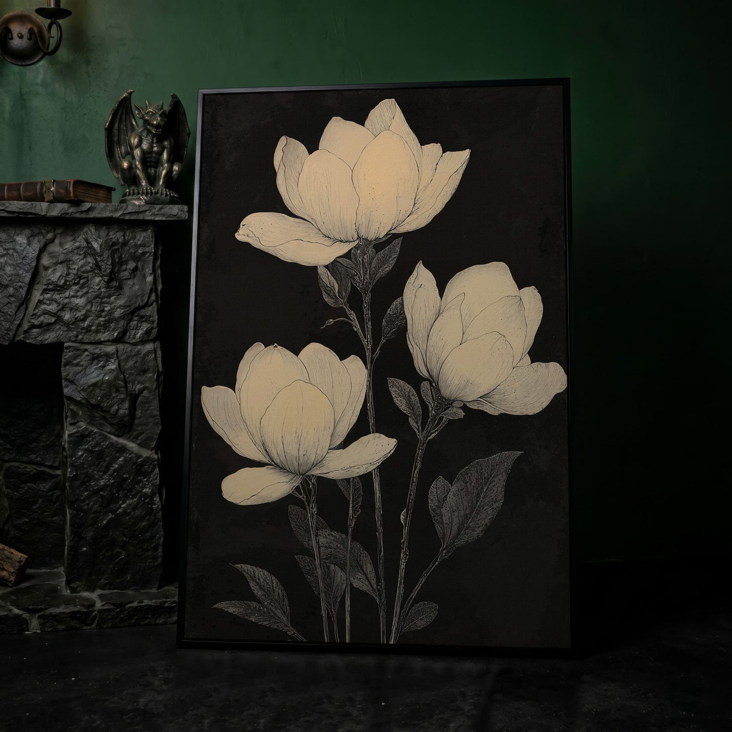 Magnolia Flowers Canvas Print, Botanical Black and White in black floating frame