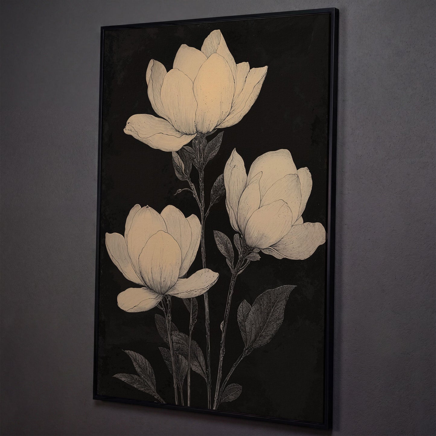 Magnolia Flowers Canvas Print, Botanical Black and White shown in black floating frame