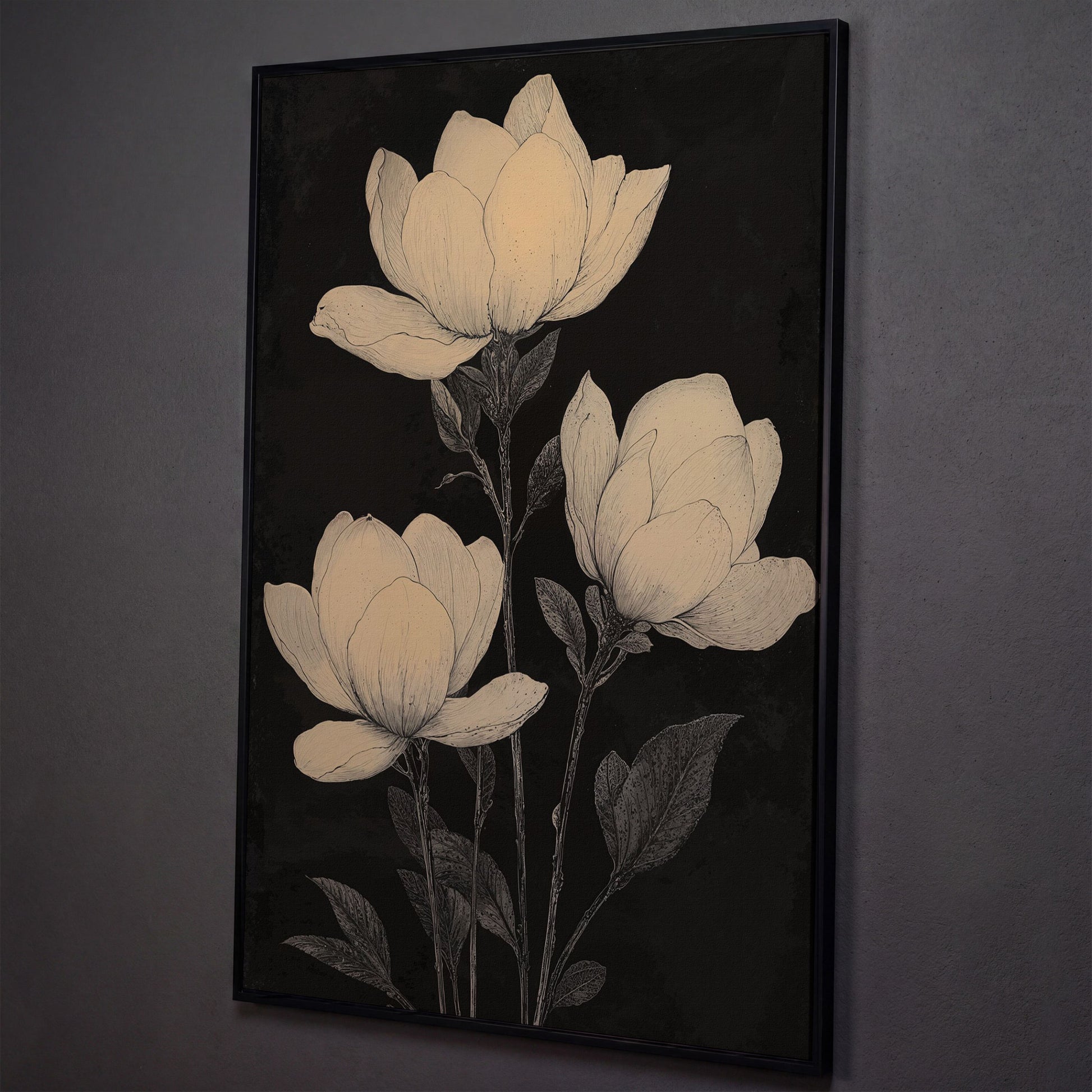 Magnolia Flowers Canvas Print, Botanical Black and White shown in black floating frame