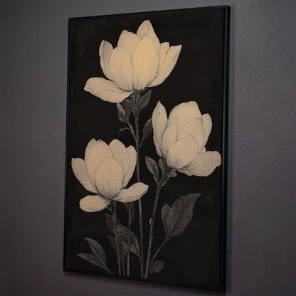 Magnolia Flowers Canvas Print, Botanical Black and White shown in black floating frame