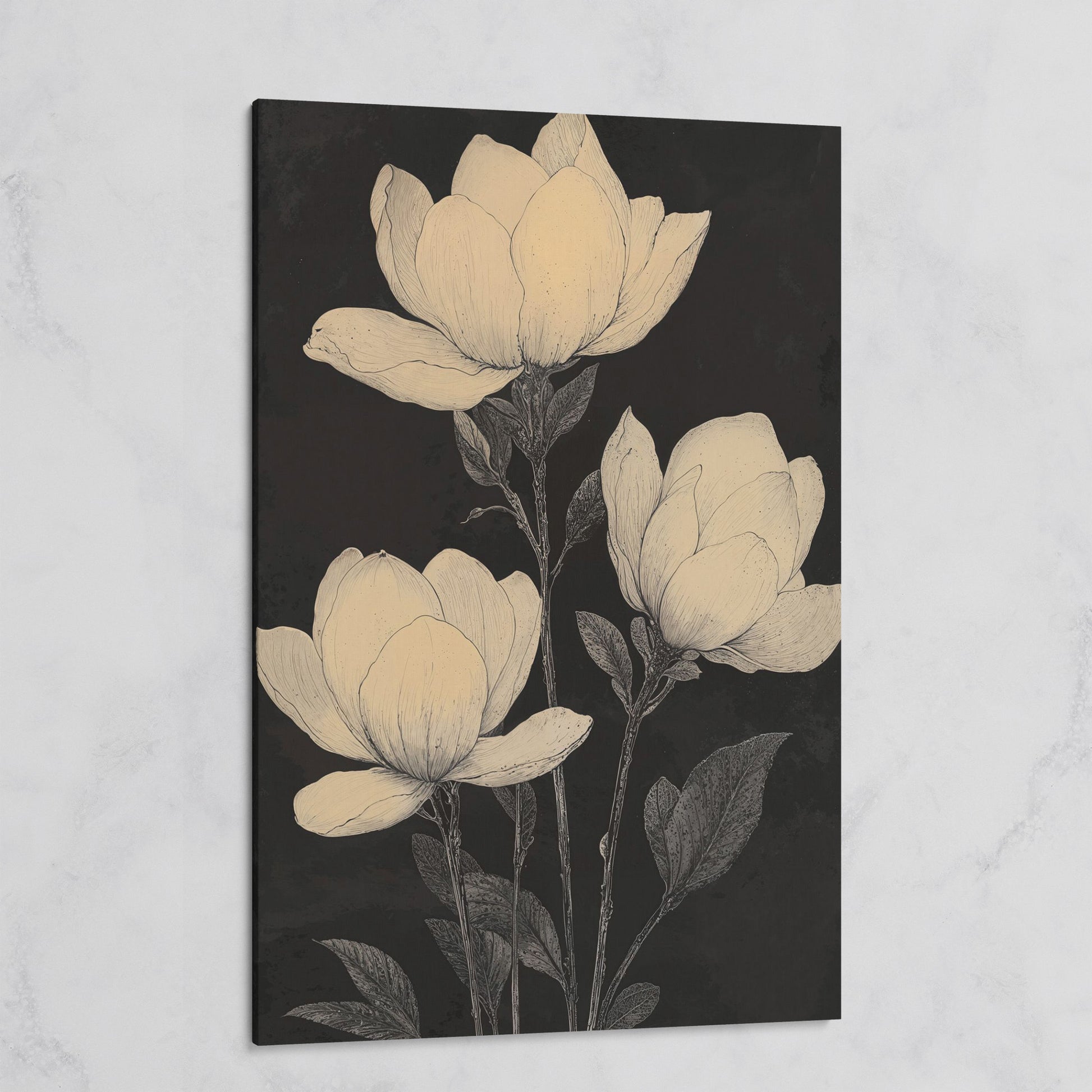 Magnolia Flowers Canvas Print, Botanical Black and White on gallery wrap